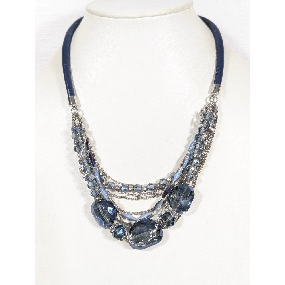 Blue Glass Bead Multi Chain Layered Statement Necklace Faux Leather 21"